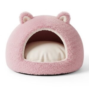 Soft Pink Plush Pet Bed Featuring Fluffy Interior and Cute Ears
